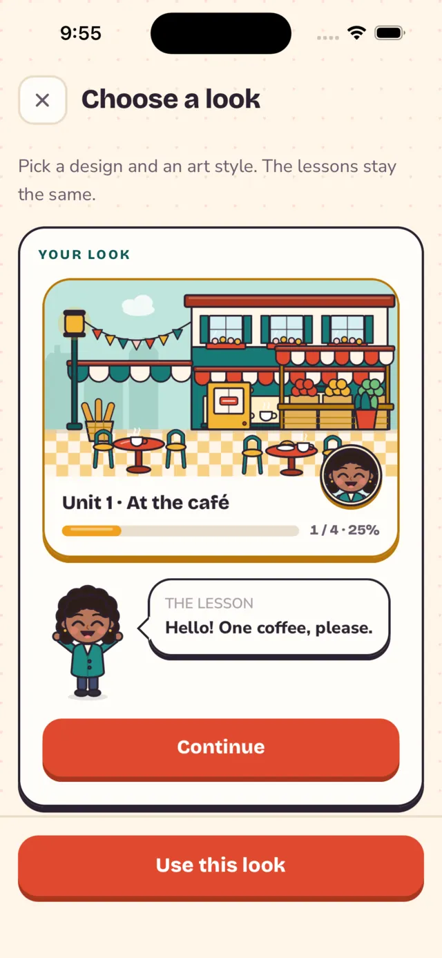 The Choose a look screen with a preview of a unit
